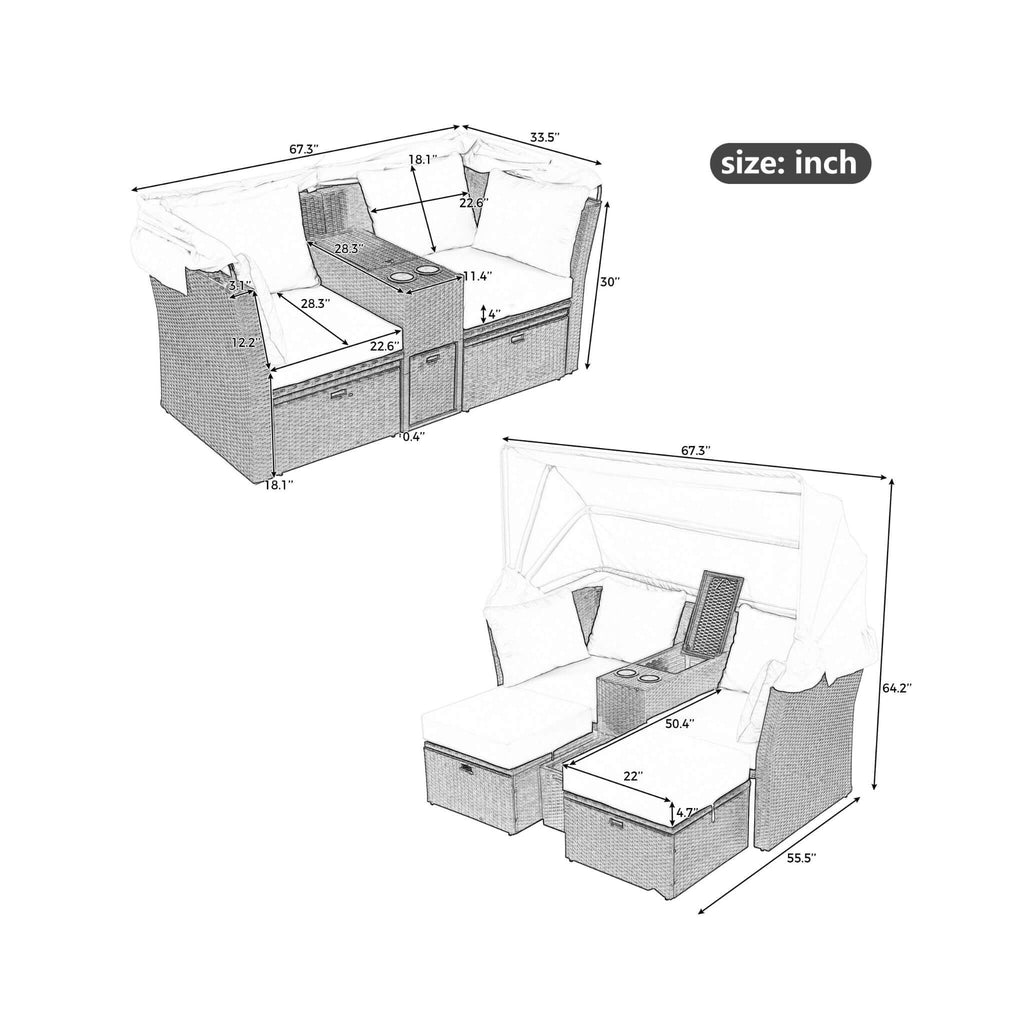Premium Outdoor 2-Seater Patio Daybed With Foldable Awning, Cushions, And Rattan Frame (SAK90233)