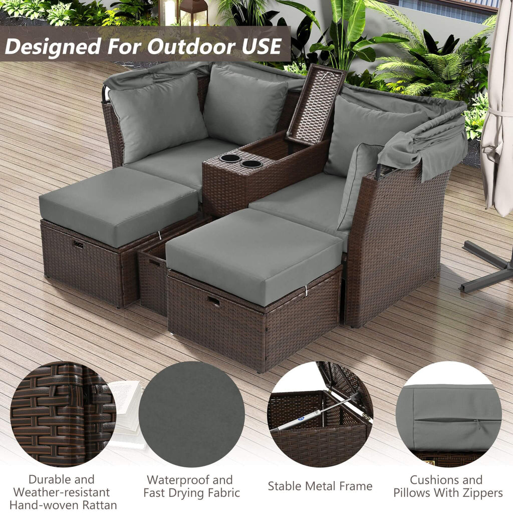 Premium Outdoor 2-Seater Patio Daybed With Foldable Awning, Cushions, And Rattan Frame (SAK90233)