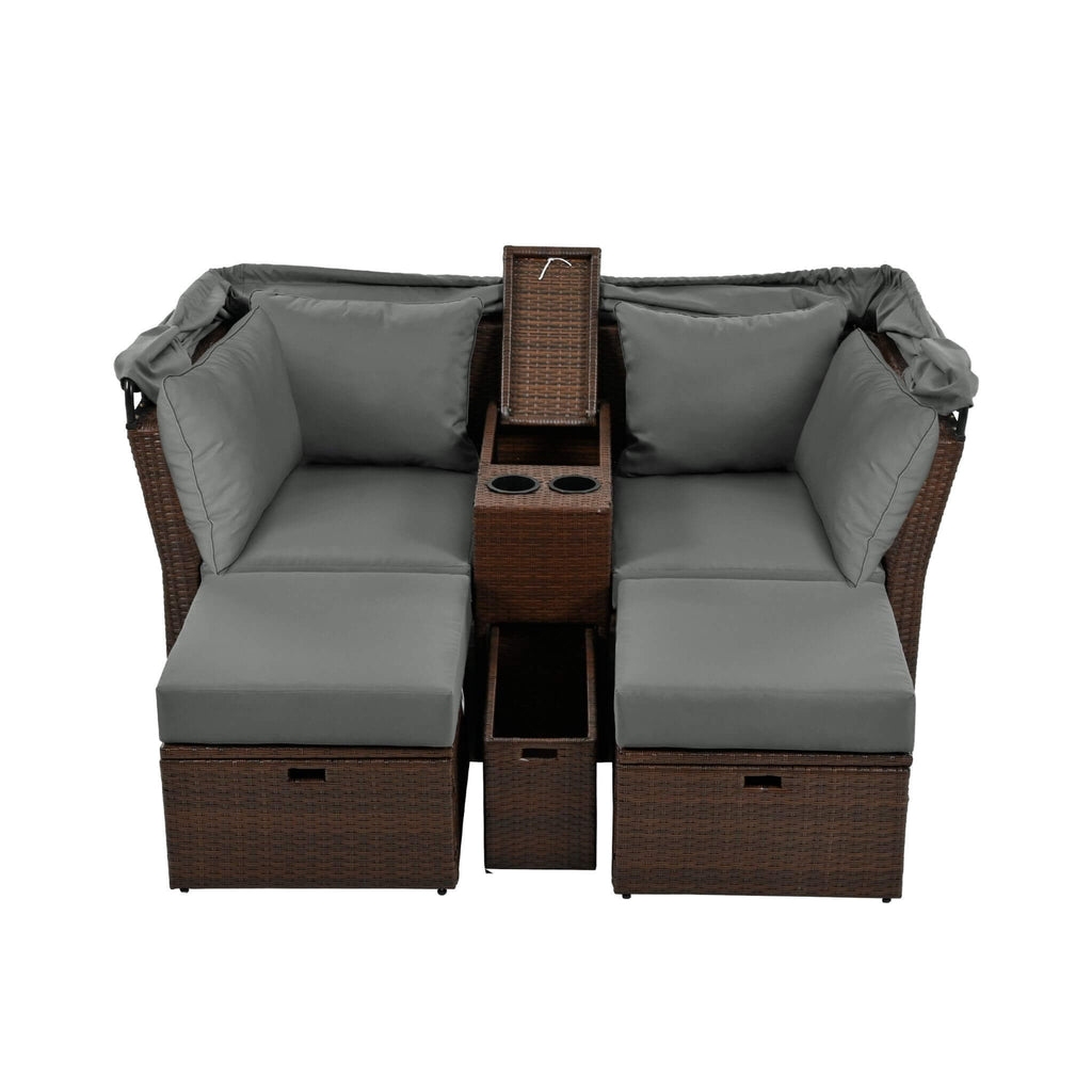 Premium Outdoor 2-Seater Patio Daybed With Foldable Awning, Cushions, And Rattan Frame (SAK90233)