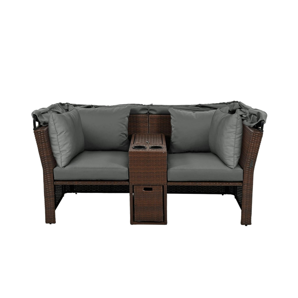 Premium Outdoor 2-Seater Patio Daybed With Foldable Awning, Cushions, And Rattan Frame (SAK90233)