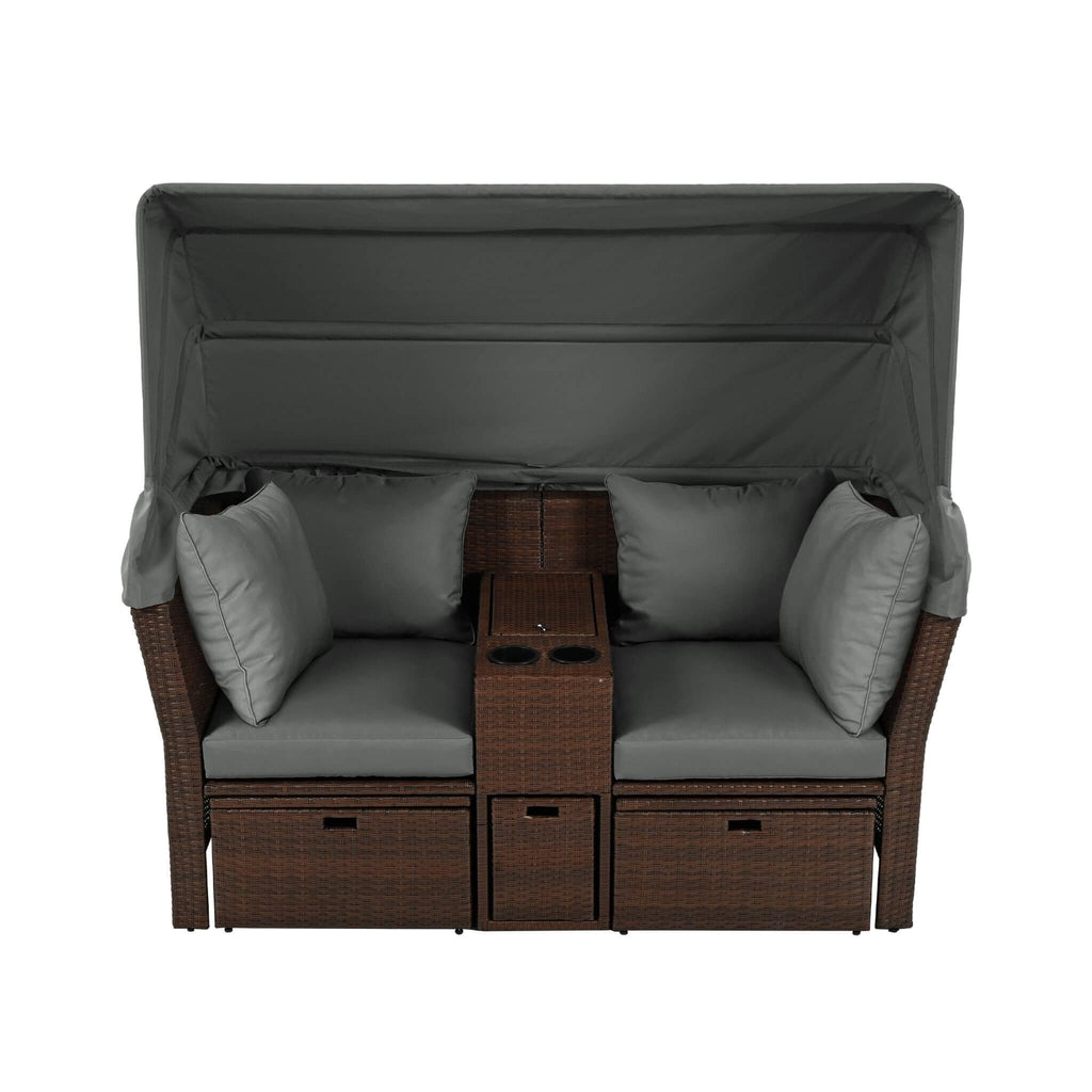 Premium Outdoor 2-Seater Patio Daybed With Foldable Awning, Cushions, And Rattan Frame (SAK90233)