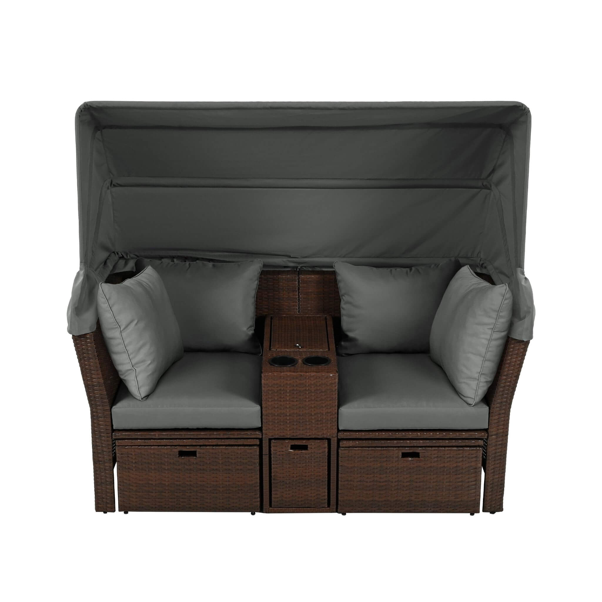 Premium Outdoor 2-Seater Patio Daybed With Foldable Awning, Cushions, And Rattan Frame (SAK90233)