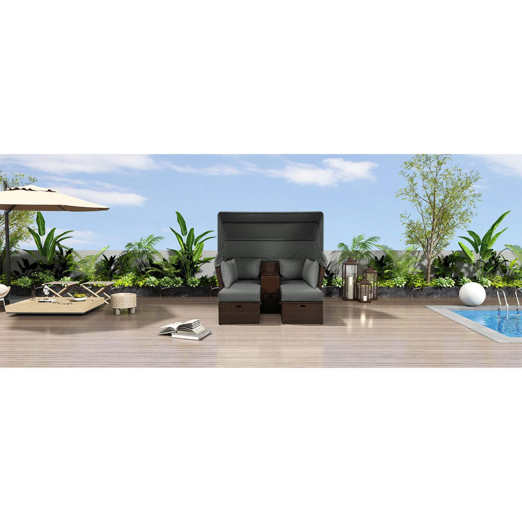 Premium Outdoor 2-Seater Patio Daybed With Foldable Awning, Cushions, And Rattan Frame (SAK90233)