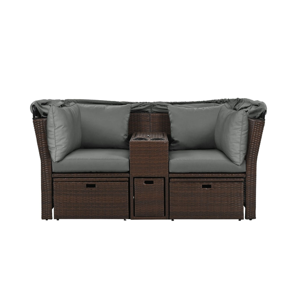 Premium Outdoor 2-Seater Patio Daybed With Foldable Awning, Cushions, And Rattan Frame (SAK90233)