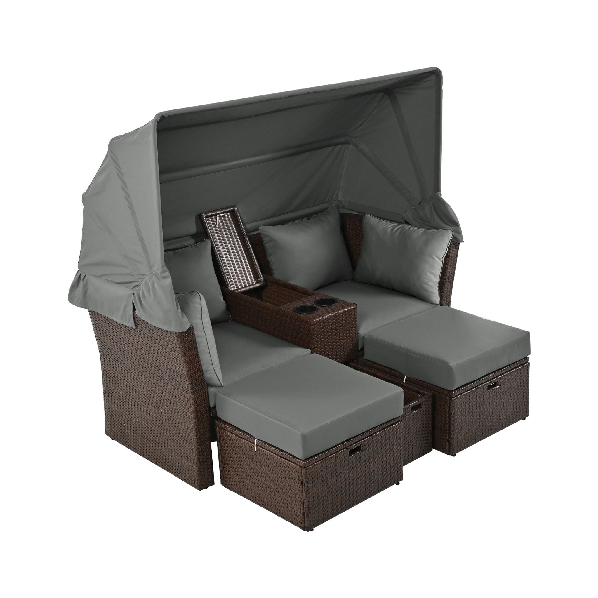 Premium Outdoor 2-Seater Patio Daybed With Foldable Awning, Cushions, And Rattan Frame (SAK90233)