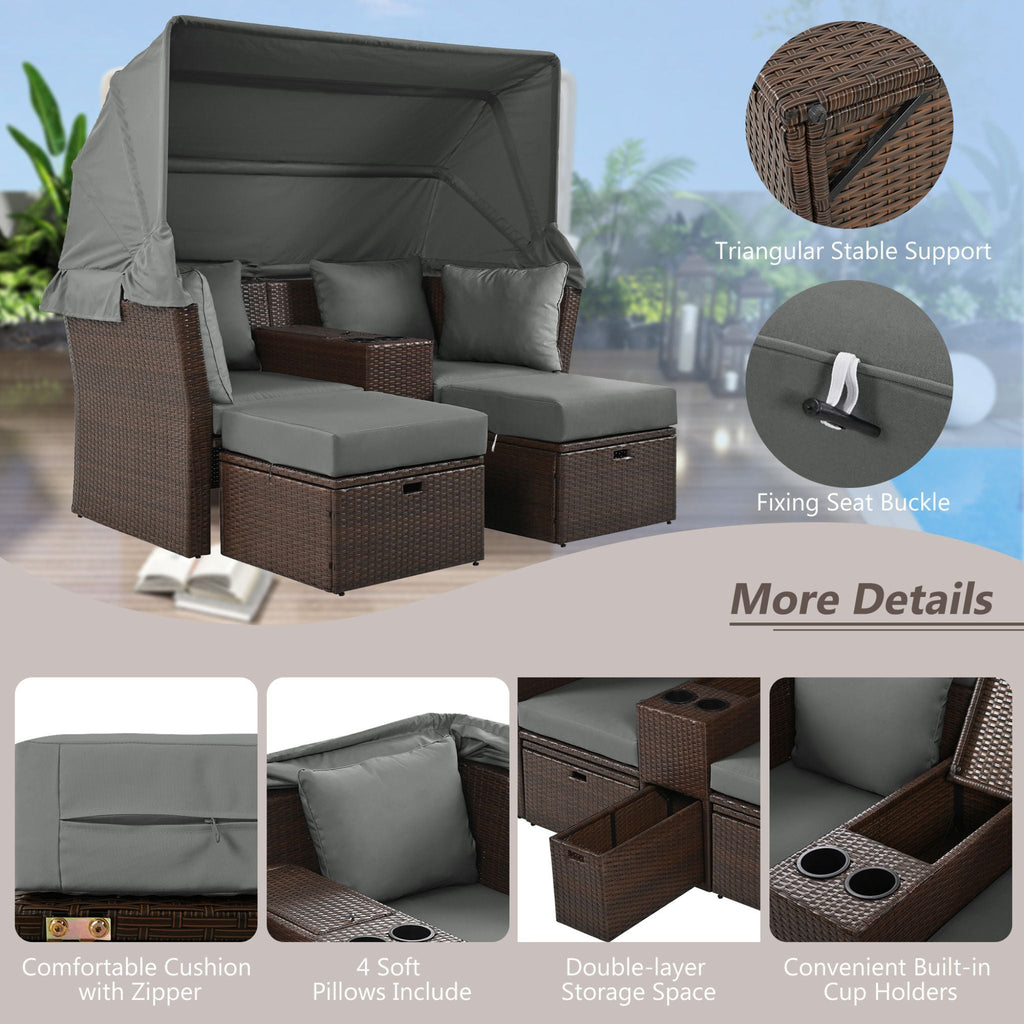 Premium Outdoor 2-Seater Patio Daybed With Foldable Awning, Cushions, And Rattan Frame (SAK90233)