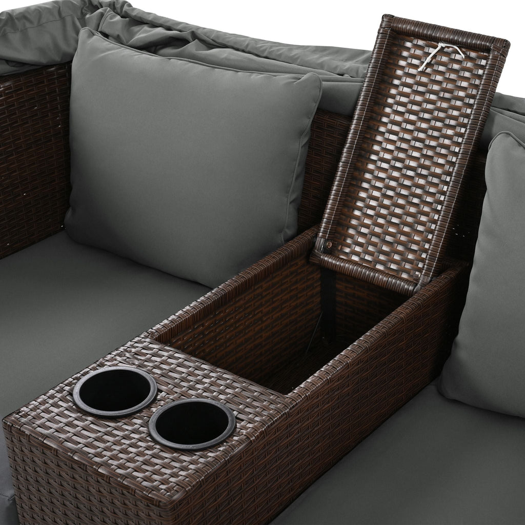 Premium Outdoor 2-Seater Patio Daybed With Foldable Awning, Cushions, And Rattan Frame (SAK90233)