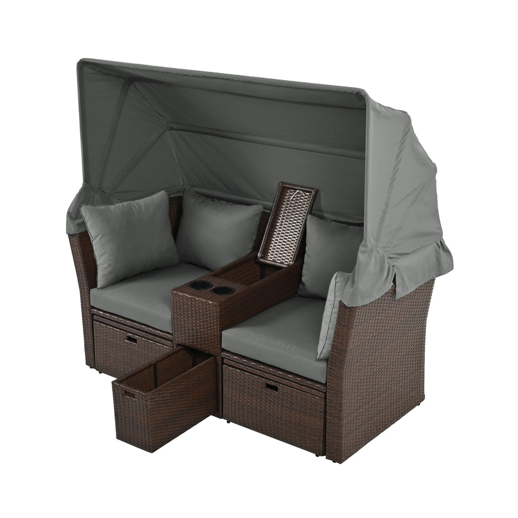 Premium Outdoor 2-Seater Patio Daybed With Foldable Awning, Cushions, And Rattan Frame (SAK90233)