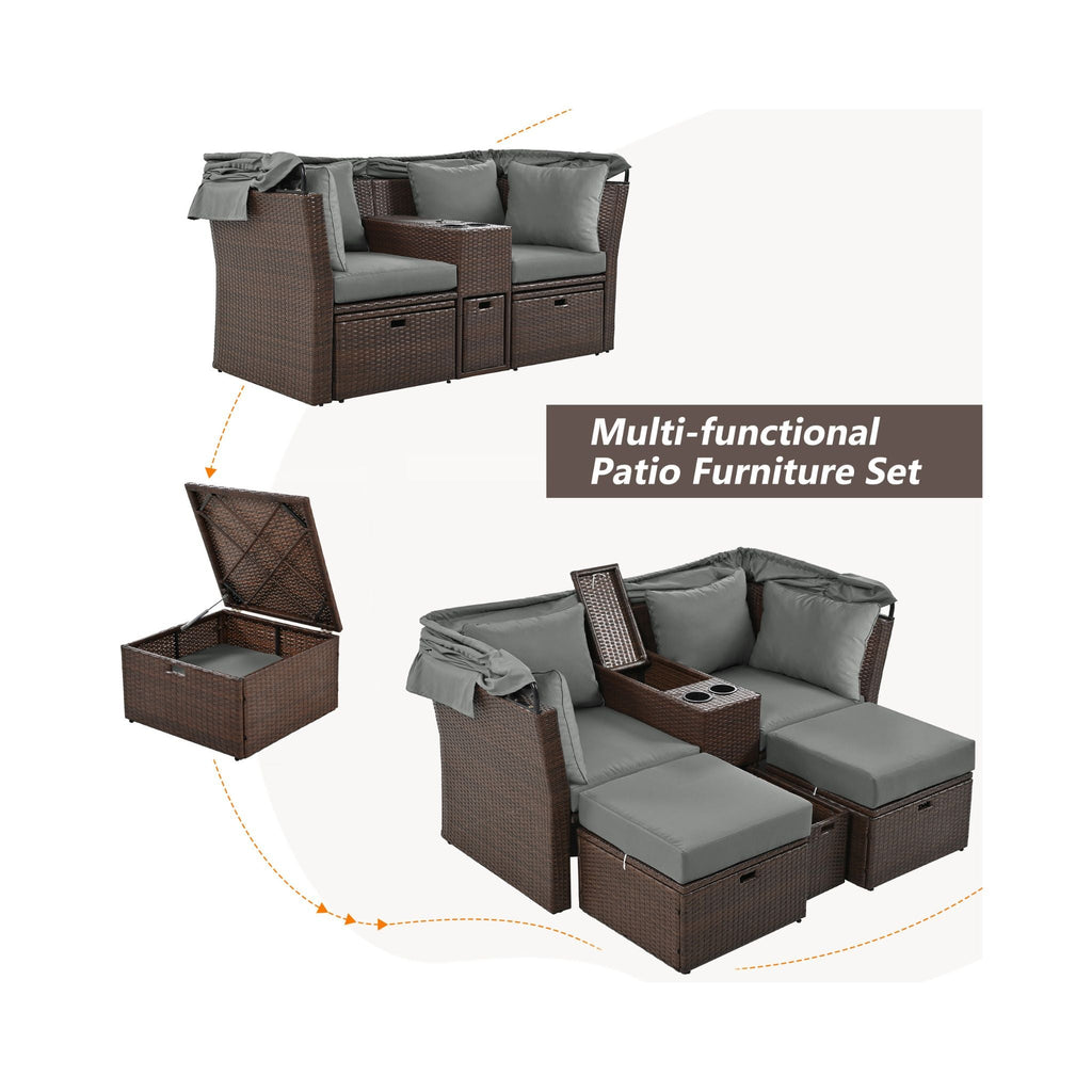 Premium Outdoor 2-Seater Patio Daybed With Foldable Awning, Cushions, And Rattan Frame (SAK90233)