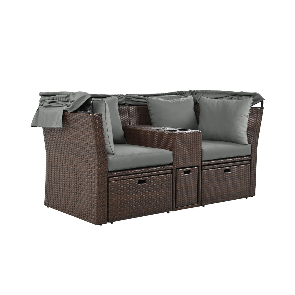 Premium Outdoor 2-Seater Patio Daybed With Foldable Awning, Cushions, And Rattan Frame (SAK90233)