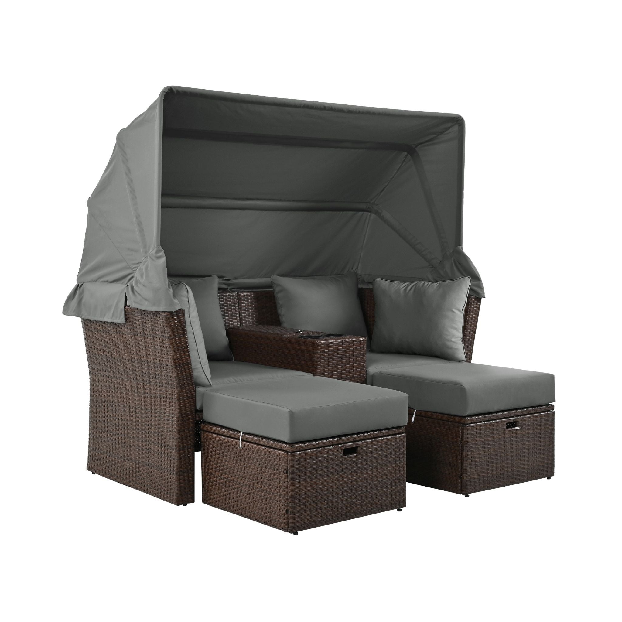 Premium Outdoor 2-Seater Patio Daybed With Foldable Awning, Cushions, And Rattan Frame (SAK90233)