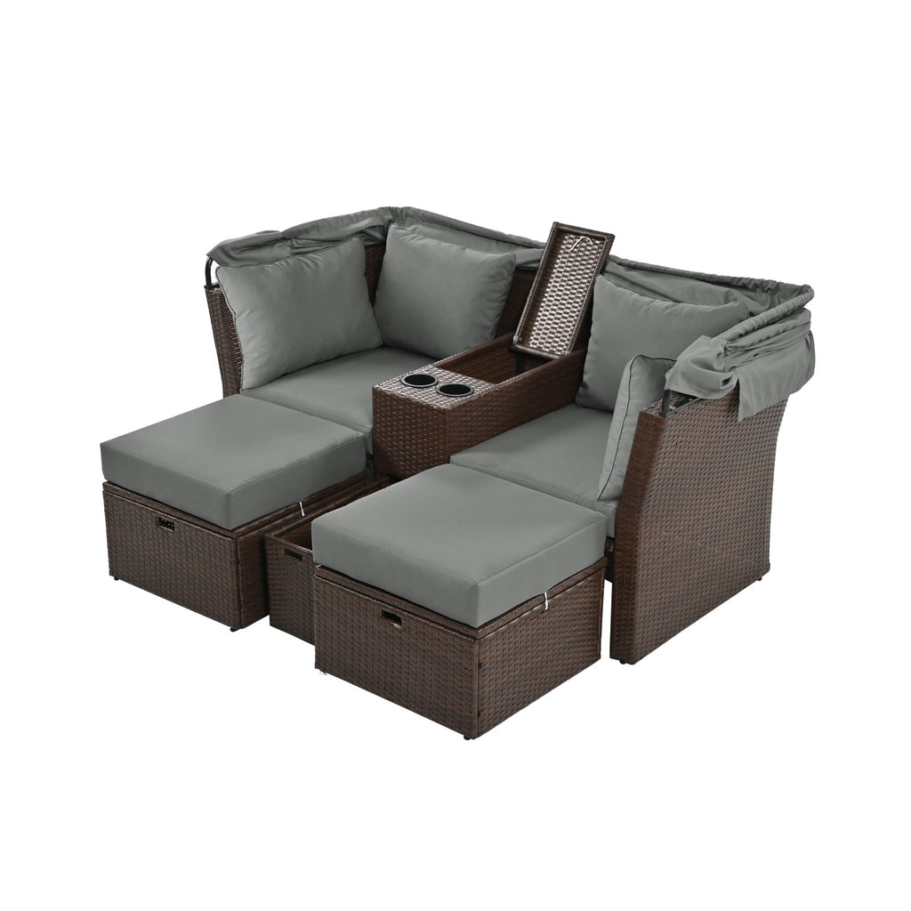 Premium Outdoor 2-Seater Patio Daybed With Foldable Awning, Cushions, And Rattan Frame (SAK90233)