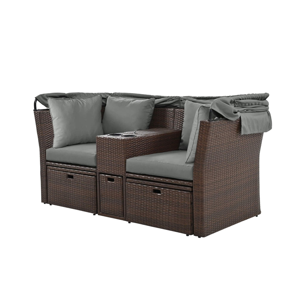 Premium Outdoor 2-Seater Patio Daybed With Foldable Awning, Cushions, And Rattan Frame (SAK90233)