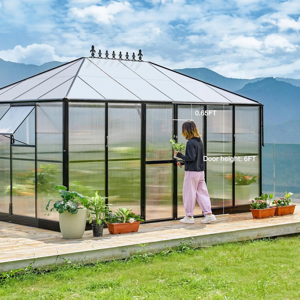 [10x14FT] Premium Outdoor Polycarbonate Greenhouse With Aluminum Frame And Double Swing Doors (93841752)
