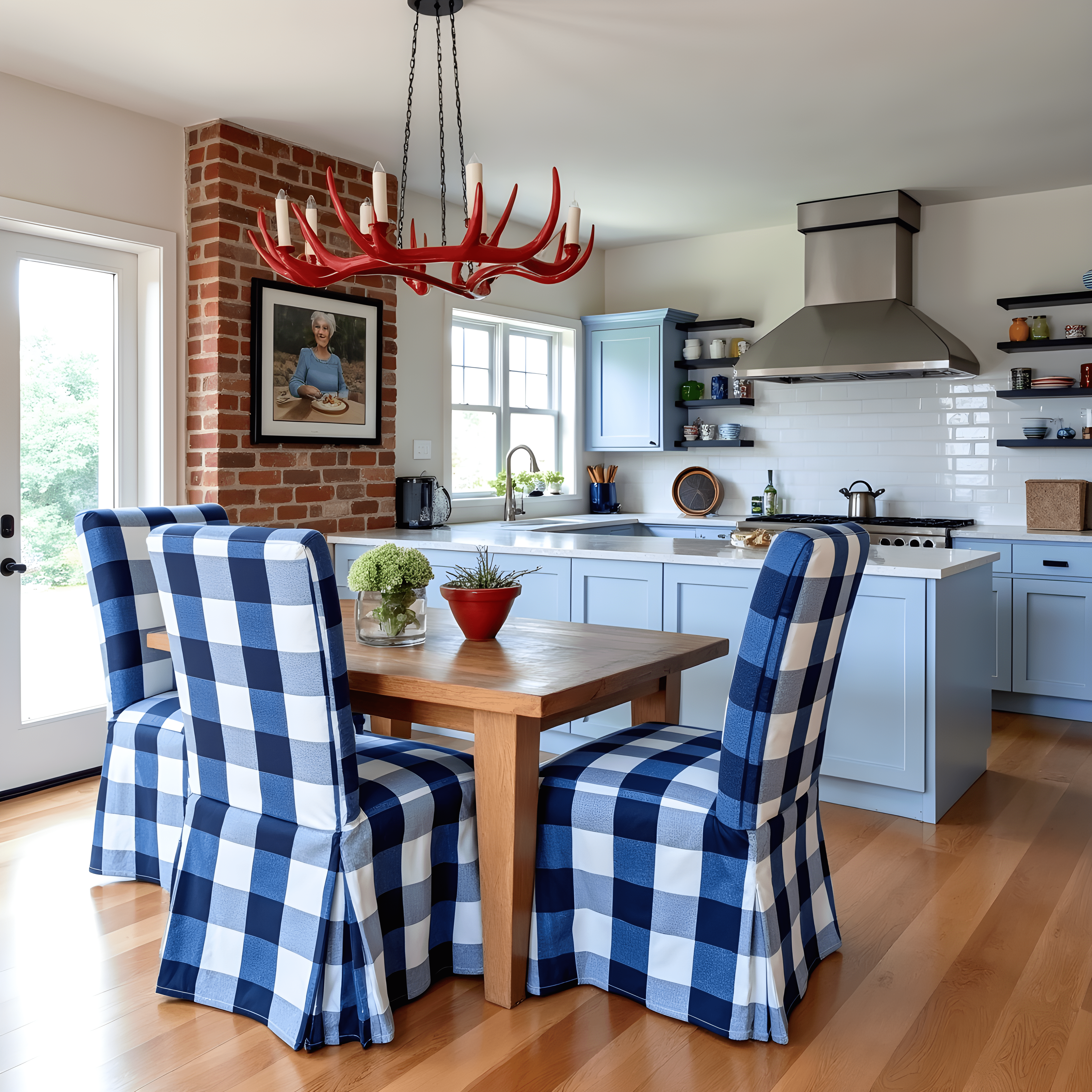 Buffalo Check Navy Blue Floor Length Dining Chair Cover, Compatible with IKEA Henriksdal