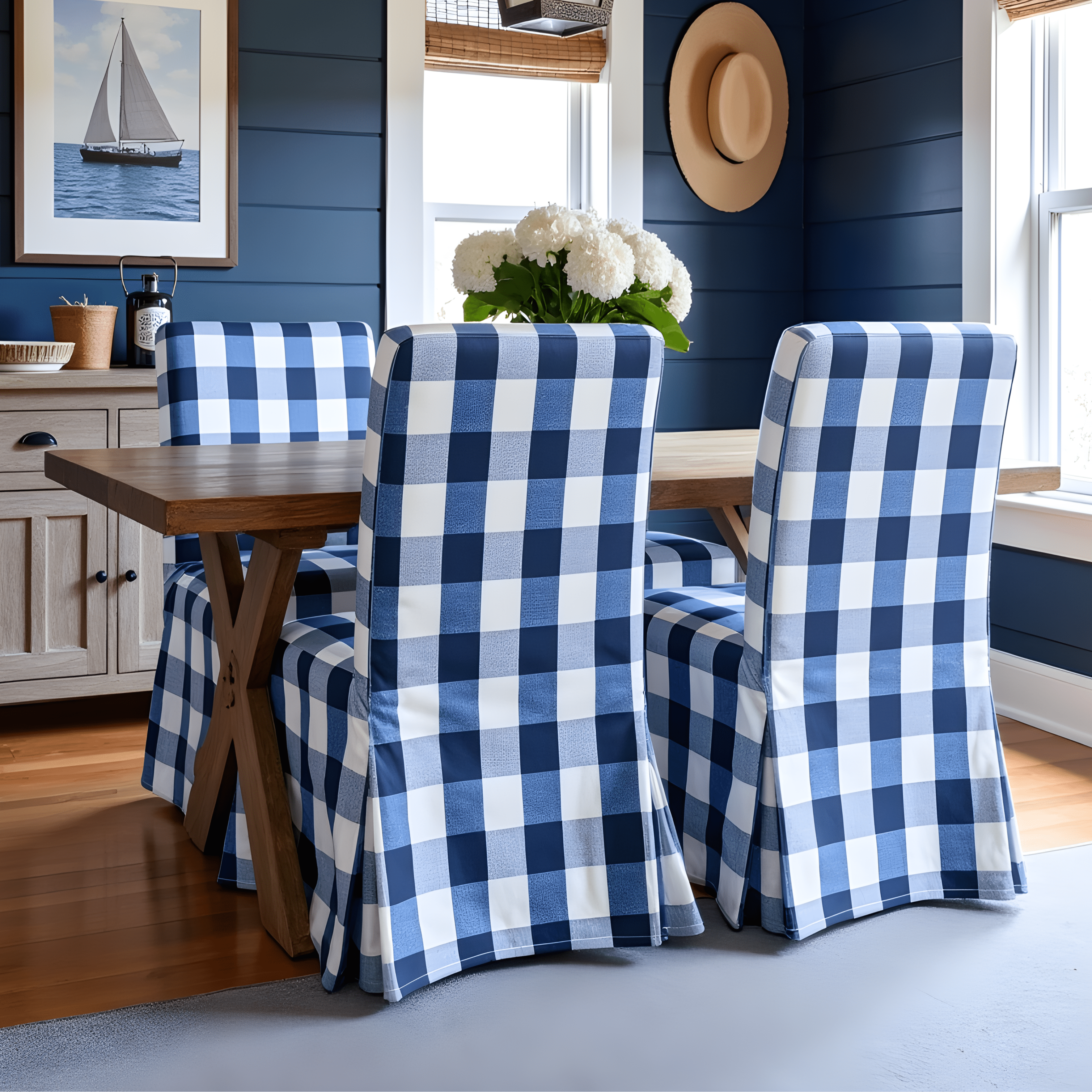 4 Pack - Dining Chair Slip Covers, Compatible with IKEA Henriksdal,  Buffalo Check Navy Blue, Floor Length