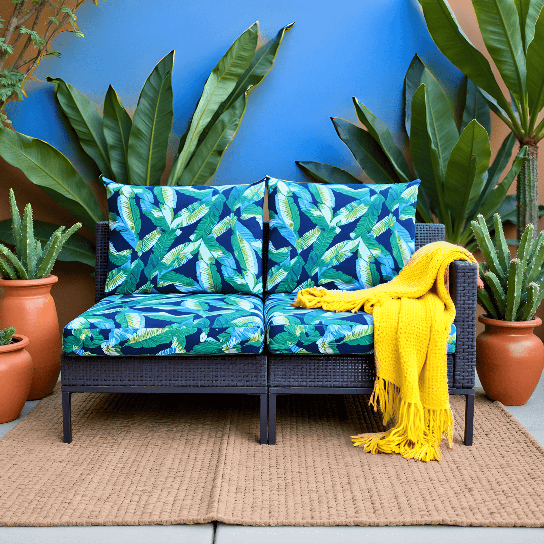 Rockin Cushions Outdoor Slip Covers | Navy Green Banana Leaf Print| Compatible with IKEA Duvholmen Cushions | Includes 2 Duvholmen Pillow Covers and 2 Duvholmen Seat Covers - Set of 4