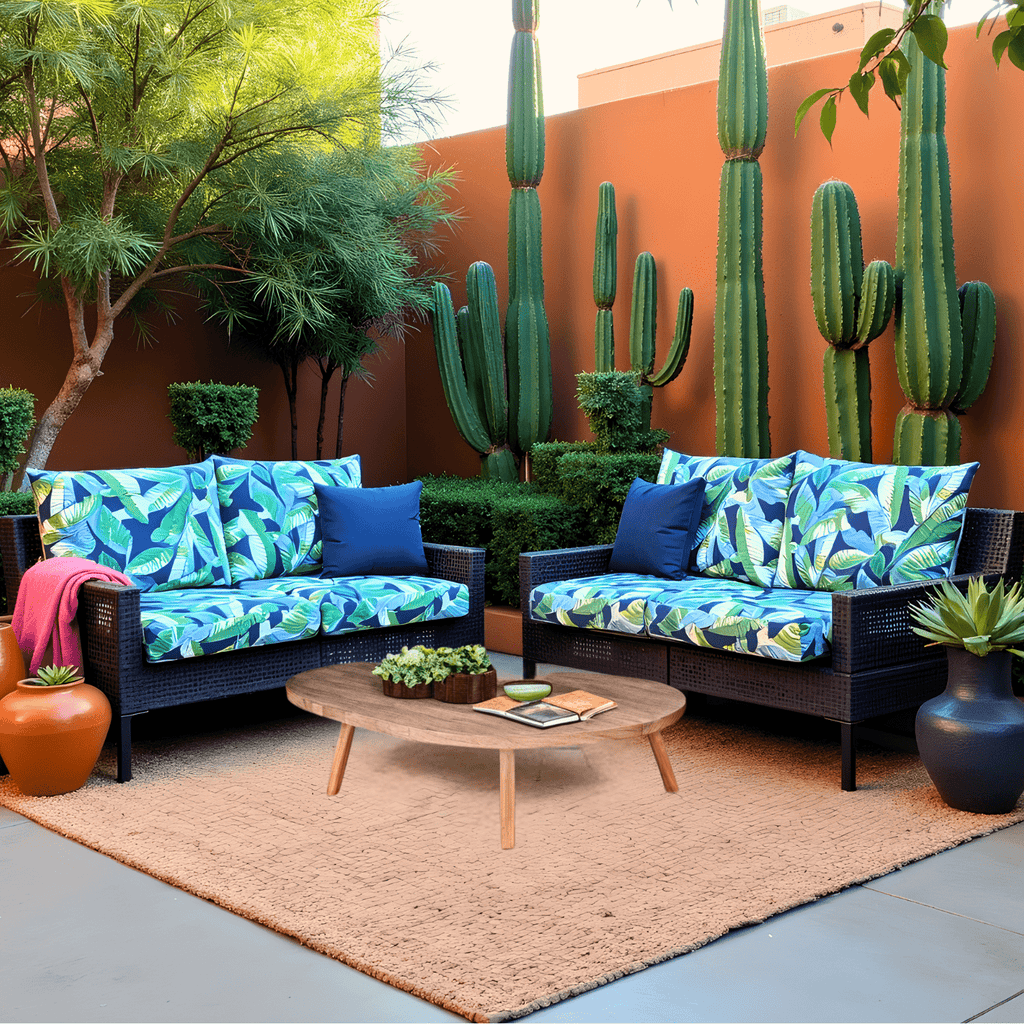 Rockin Cushions Outdoor Slip Covers | Navy Green Banana Leaf Print| Compatible with IKEA Duvholmen Cushions | Includes 2 Duvholmen Pillow Covers and 2 Duvholmen Seat Covers - Set of 4