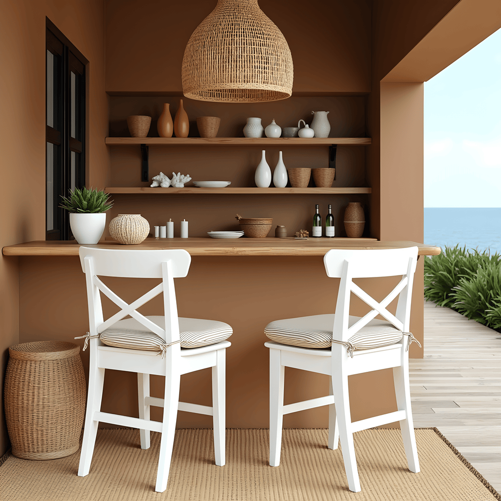 Set of 2, Beige Stripe U-Shape Outdoor Chair Pad, Removable Covers