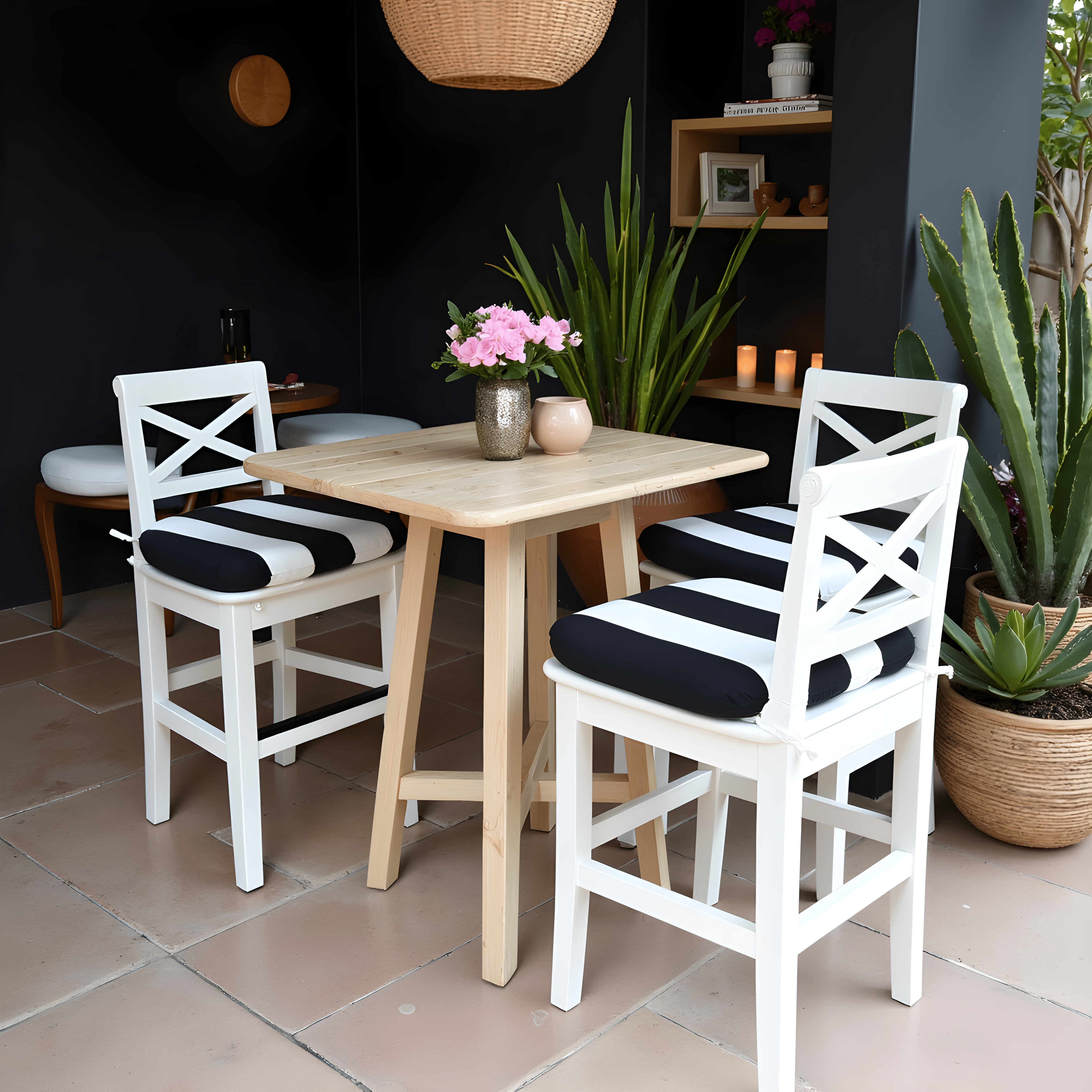 Set of 2, Black Stripe U-Shape Outdoor Chair Pad, Removable Covers