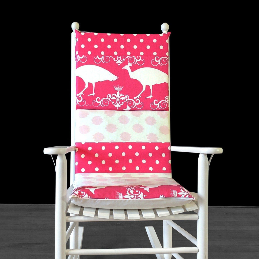 Patchwork Hot Pink Peacock and Polka Dot Nursery Room Rocking Chair Cushion