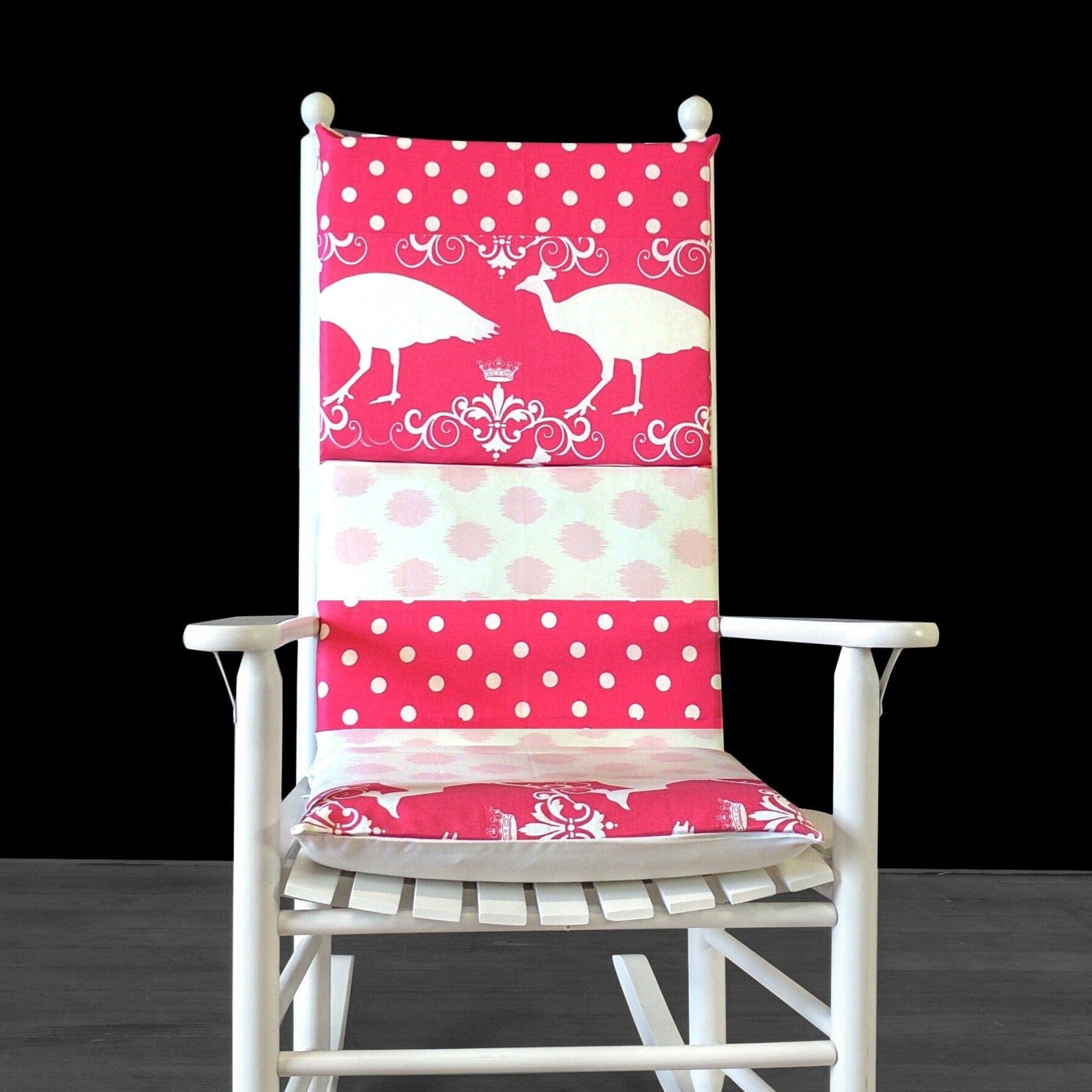 Patchwork Hot Pink Peacock and Polka Dot Nursery Room Rocking Chair Cushion