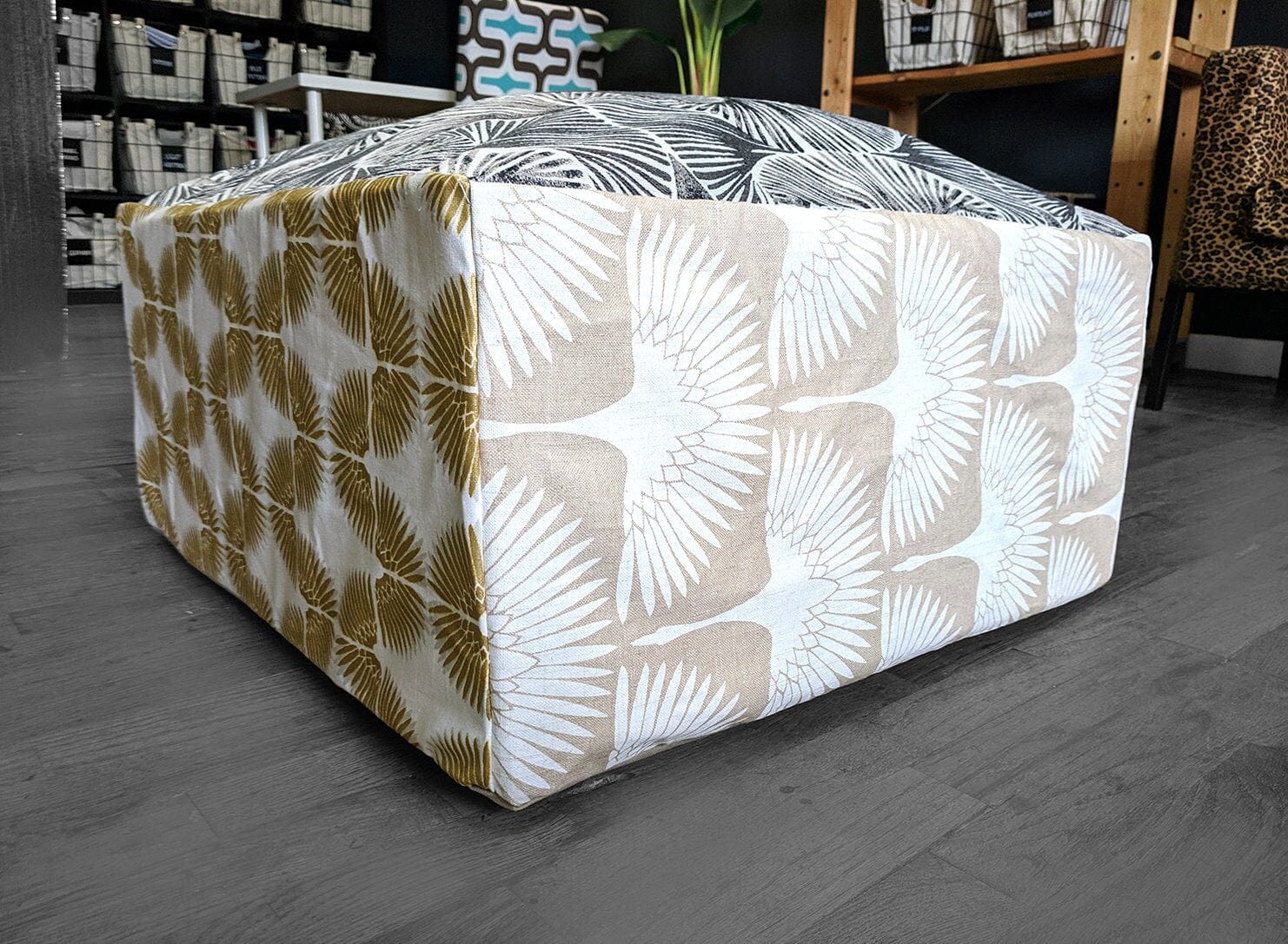 SALE Bean Bag Pouf Cover, Ottoman Neutral Tones, Gold Patterned