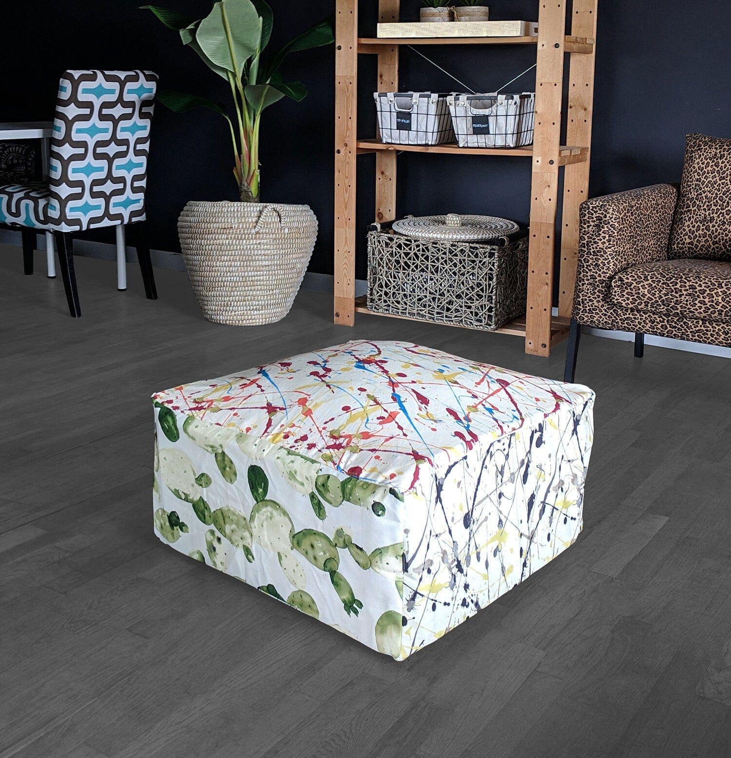 SALE Bean Bag Colorful Paint Splatter Cactus Ottoman, Floor Pouf Cover