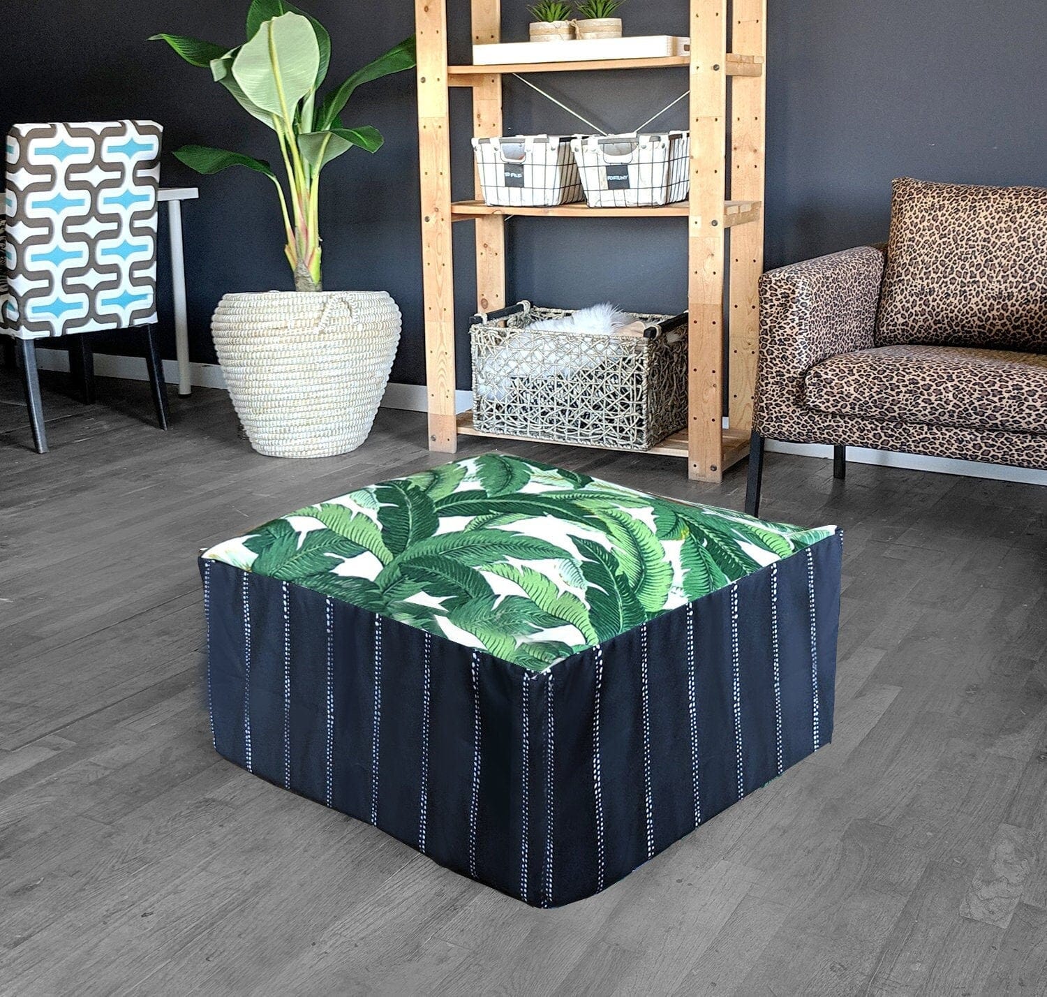 SALE Bean Bag Pouf Cover, Black Pinstripe, Tropical Palm Leaves