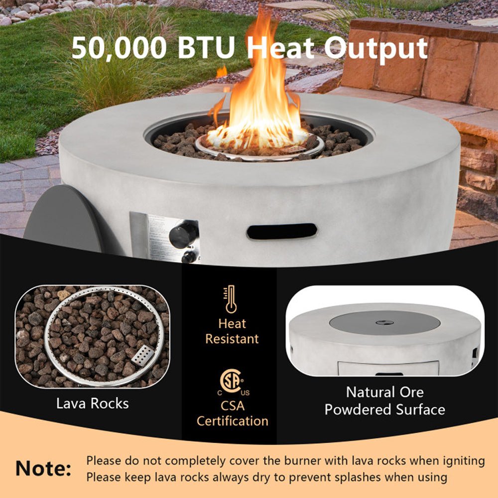 Round 50000 BTU Concrete Propane Fire Pit Table With Lava Rocks & PVC Cover, 36" (SAK91783)