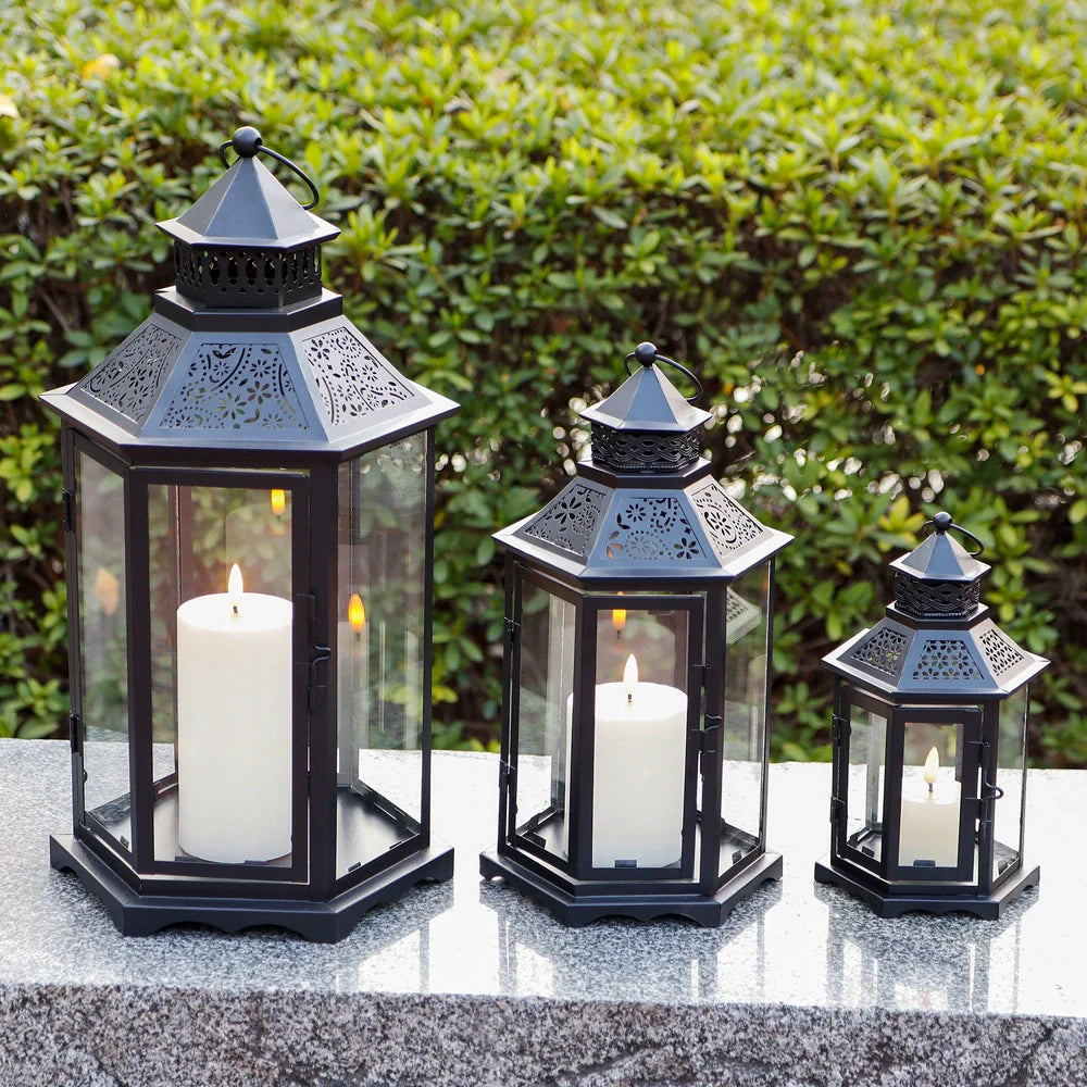 Set of 3 18''&13"&10"High Black Hexagonal Decorative Hanging Lantern
