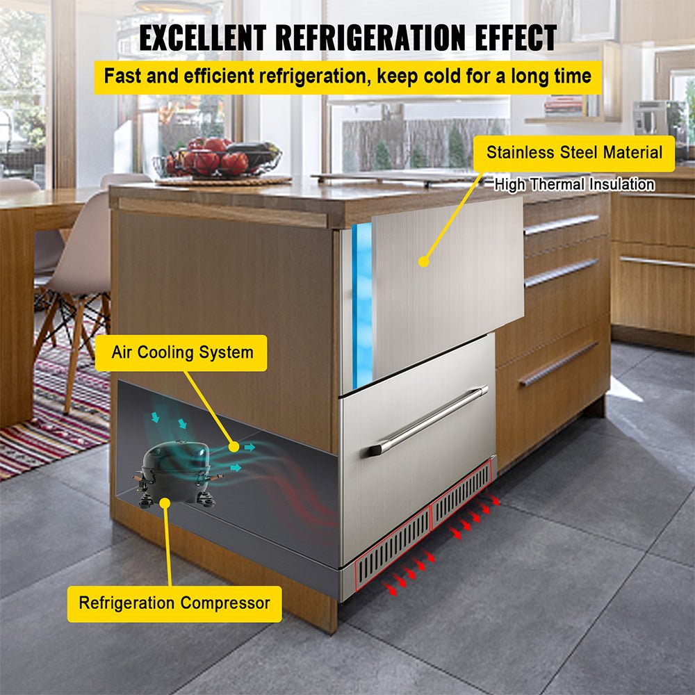 Small Double Drawer Stainless Steel Built-In Undercounter Beverage Refrigerator, 5.1 Cu.Ft. (SAK50273)