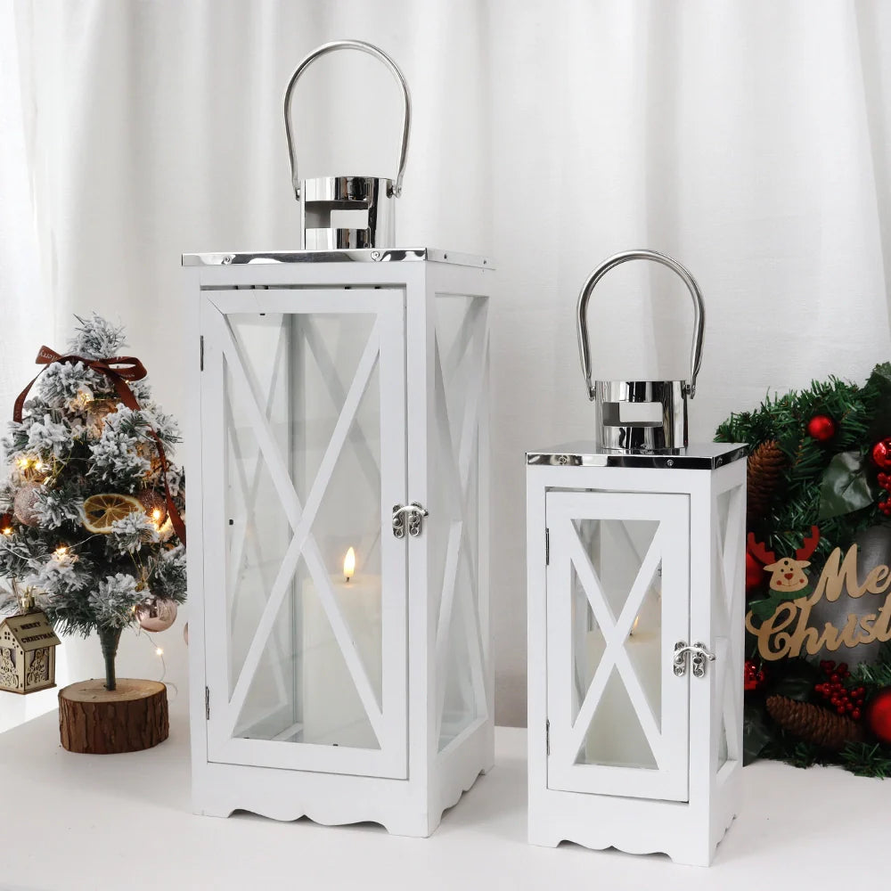 Set of 2 17.5''&24.5'' Farmhouse Wood Lantern (White Rectangle)