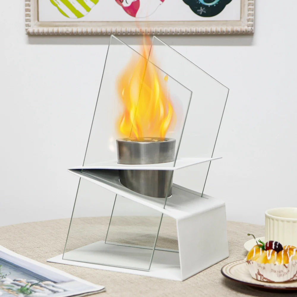 White Tabletop Fireplace 13.8" High Iron Folding Base Decorative Ethanol Fire Pit