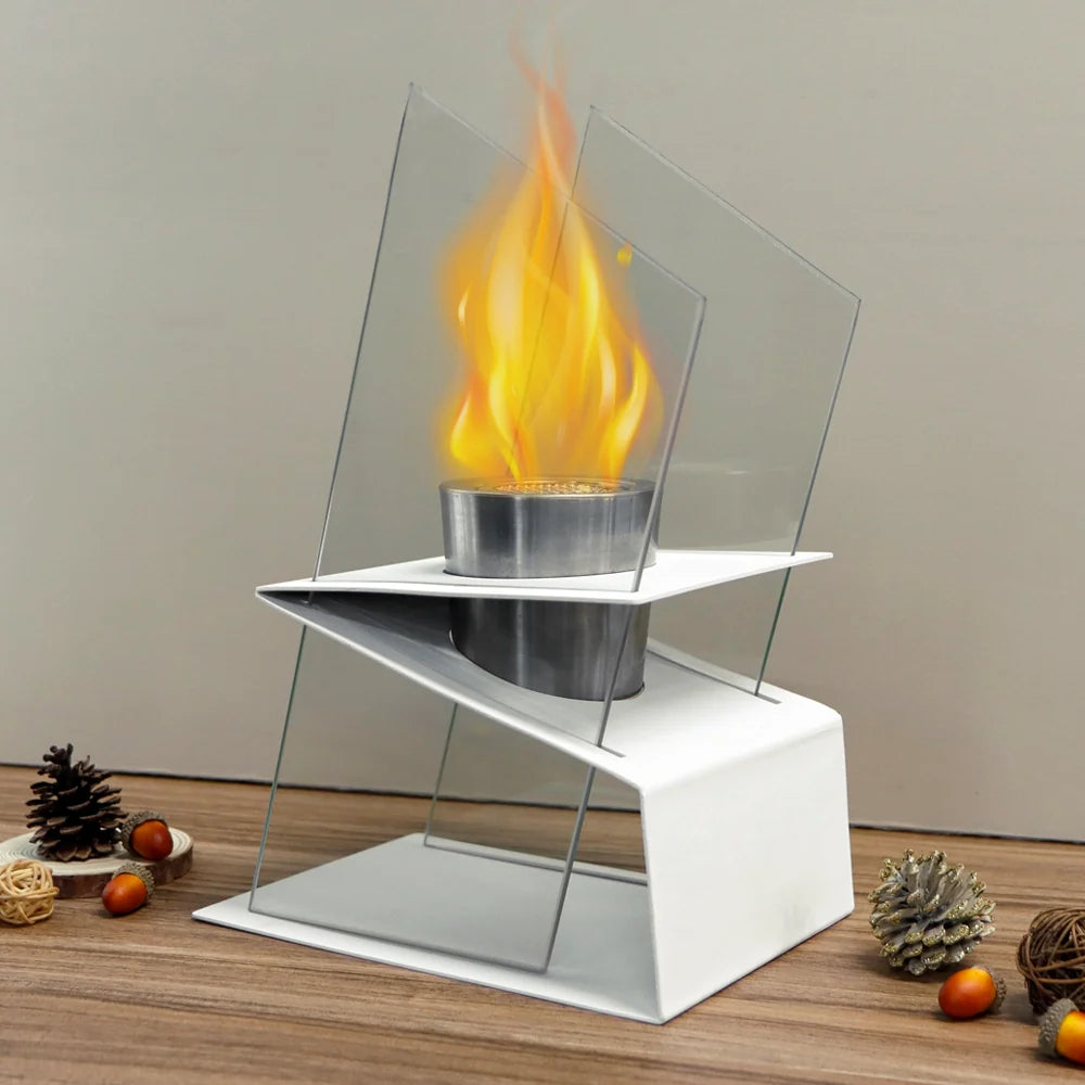 White Tabletop Fireplace 13.8" High Iron Folding Base Decorative Ethanol Fire Pit